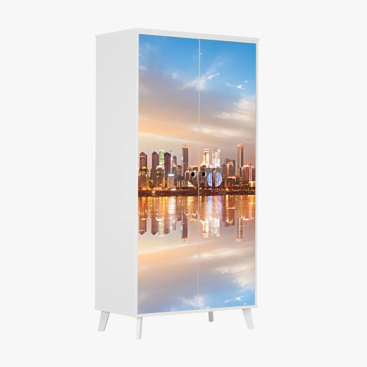 Schrankaufkleber stadtsilhouette im spiegelbild bei dämmerung – Wallnifity® Schrankaufkleber stadtsilhouette im spiegelbild bei dämmerung – Wallnifity®