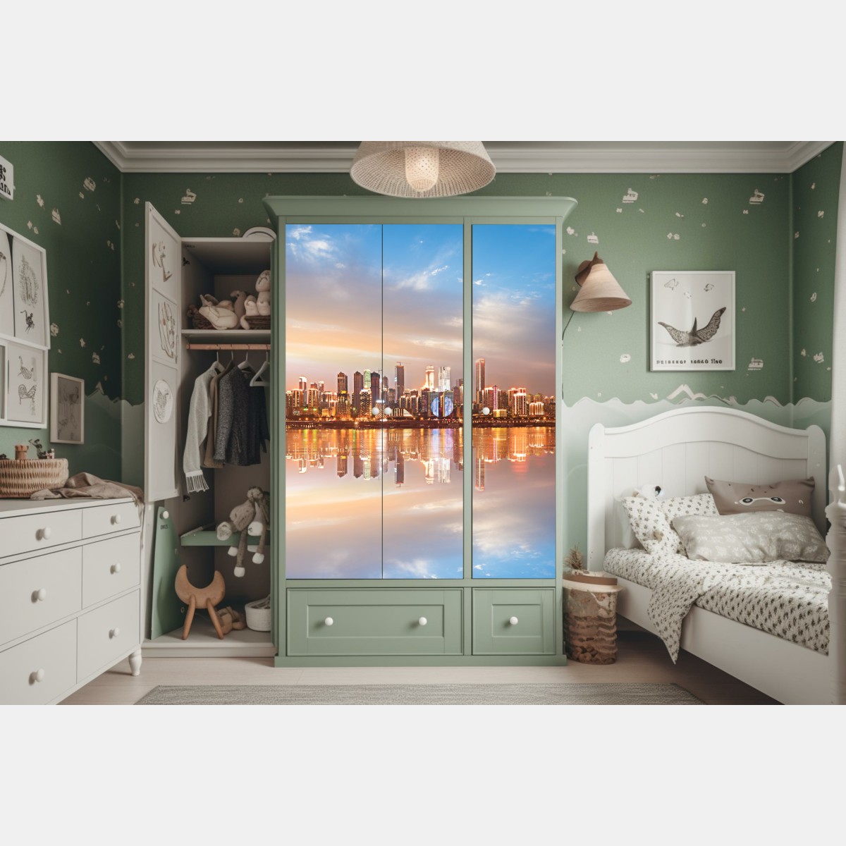 Schrankaufkleber stadtsilhouette im spiegelbild bei dämmerung – Wallnifity® Schrankaufkleber stadtsilhouette im spiegelbild bei dämmerung – Wallnifity®