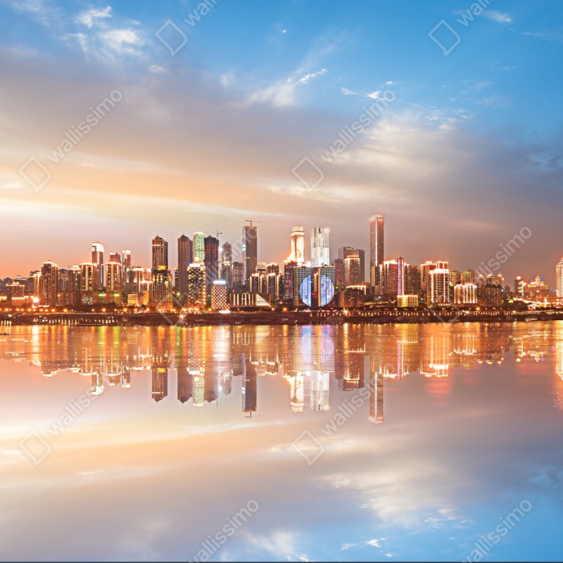 Schrankaufkleber stadtsilhouette im spiegelbild bei dämmerung – Wallnifity® Schrankaufkleber stadtsilhouette im spiegelbild bei dämmerung – Wallnifity®