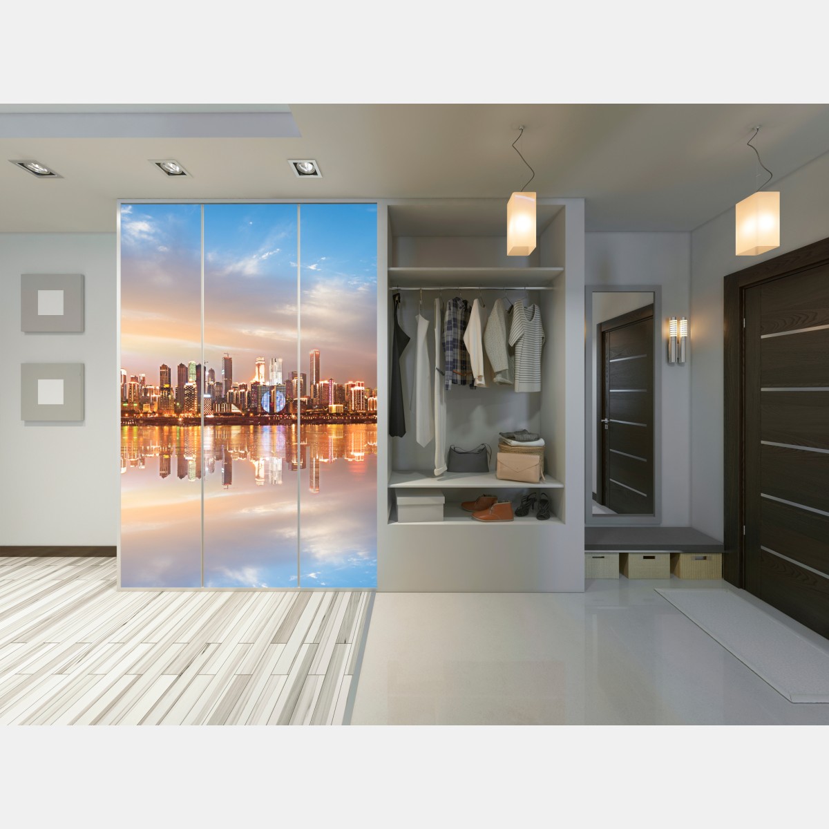 Schrankaufkleber stadtsilhouette im spiegelbild bei dämmerung – Wallnifity® Schrankaufkleber stadtsilhouette im spiegelbild bei dämmerung – Wallnifity®