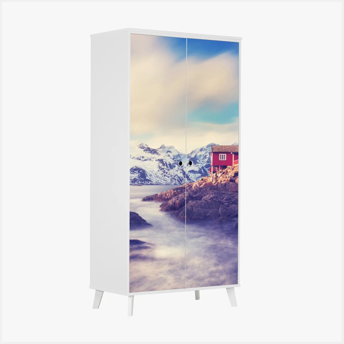 Schrankaufkleber küstengebirge mit roten hütten – Wallnifity® Schrankaufkleber küstengebirge mit roten hütten – Wallnifity®