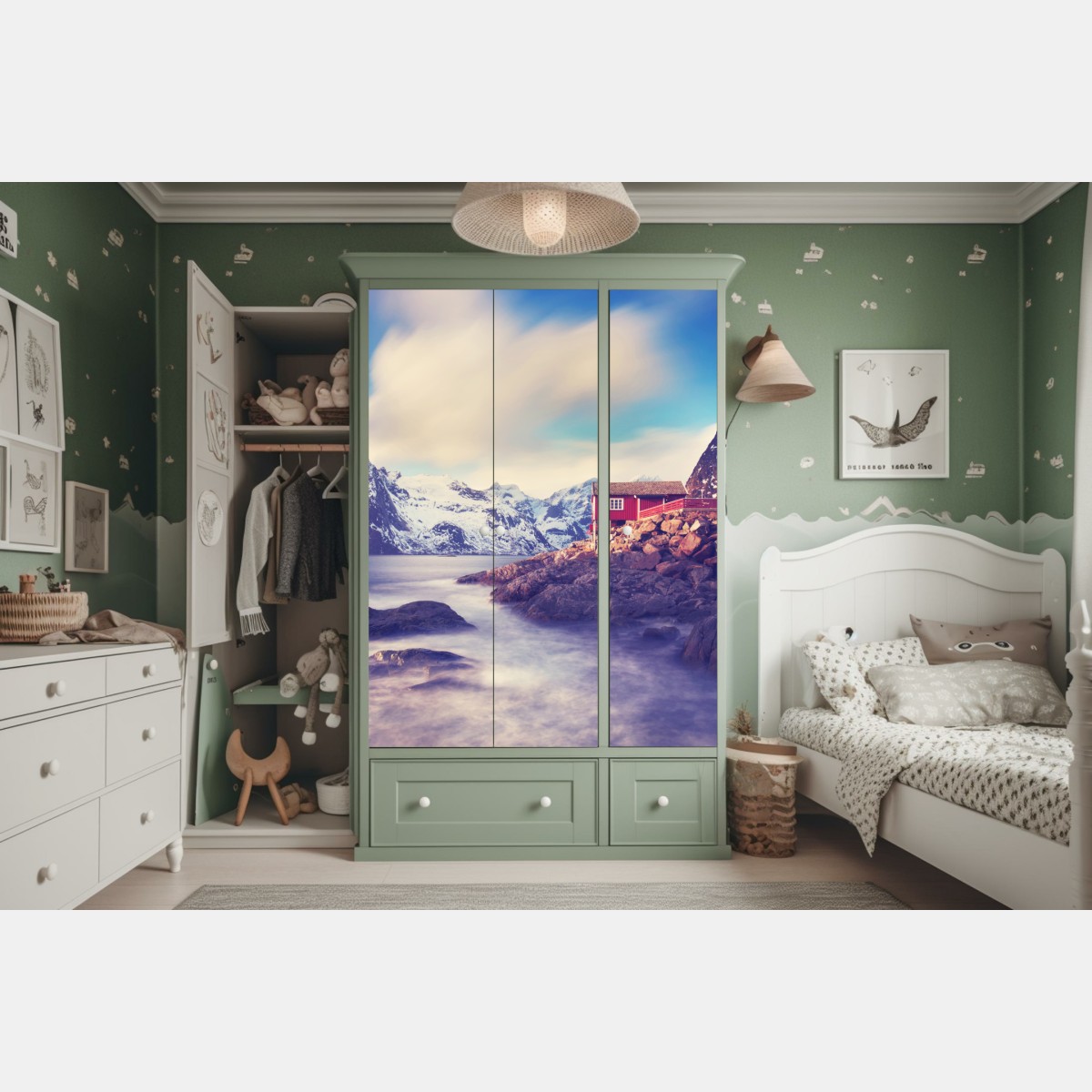 Schrankaufkleber küstengebirge mit roten hütten – Wallnifity® Schrankaufkleber küstengebirge mit roten hütten – Wallnifity®