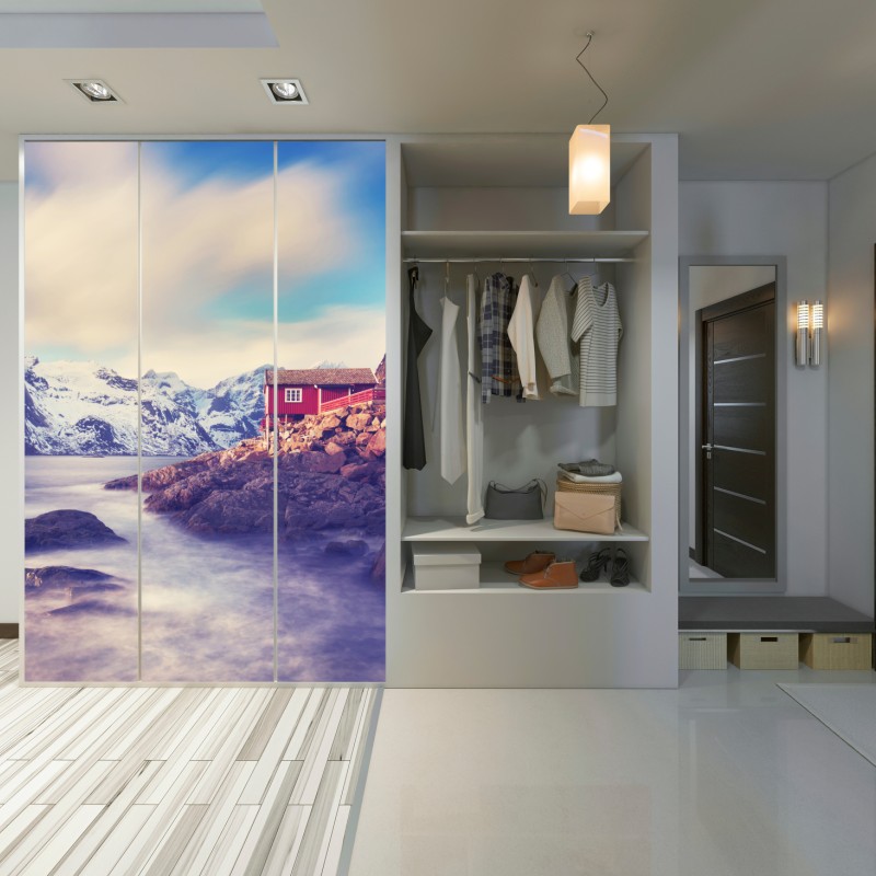 Schrankaufkleber küstengebirge mit roten hütten – Wallnifity® Schrankaufkleber küstengebirge mit roten hütten – Wallnifity®