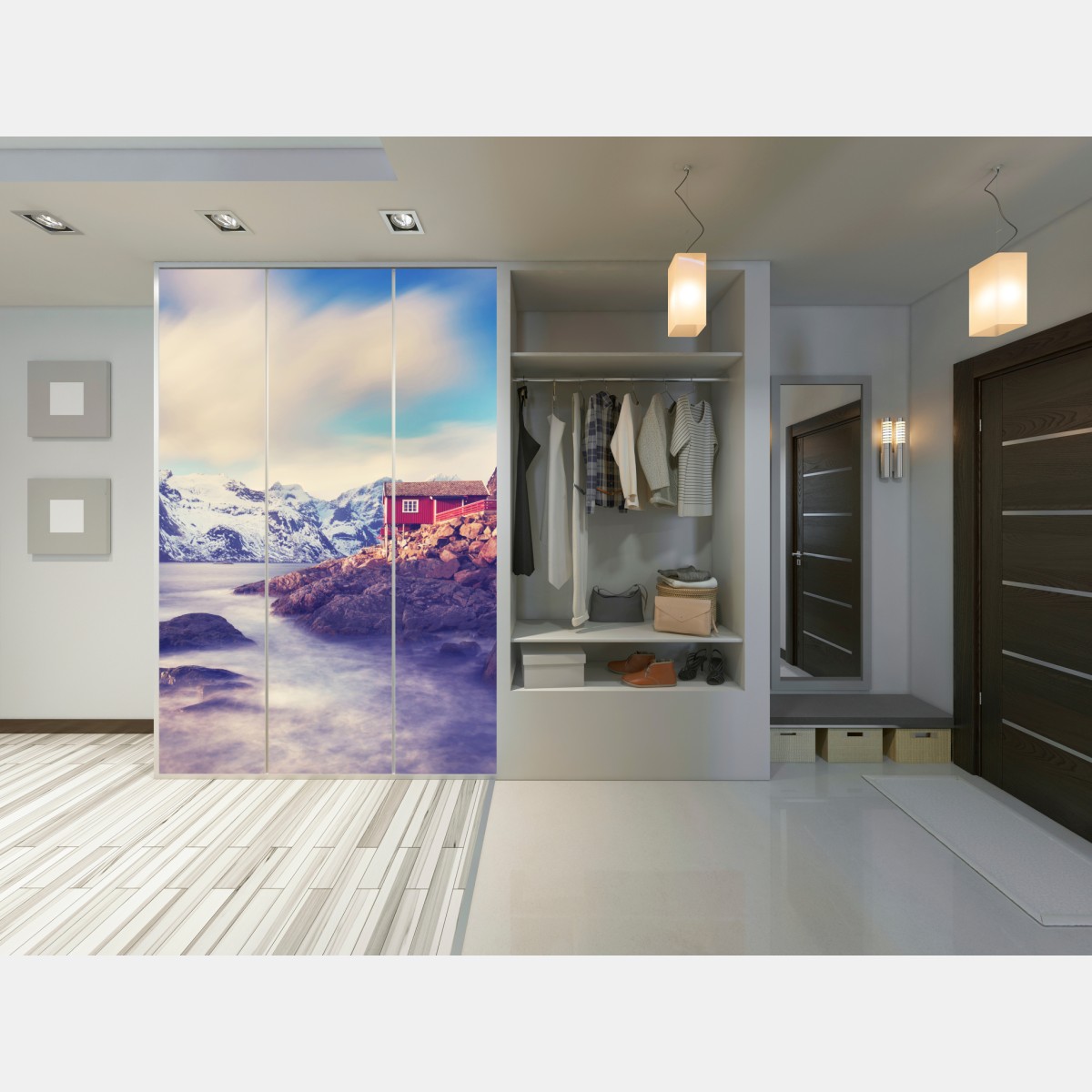 Schrankaufkleber küstengebirge mit roten hütten – Wallnifity® Schrankaufkleber küstengebirge mit roten hütten – Wallnifity®