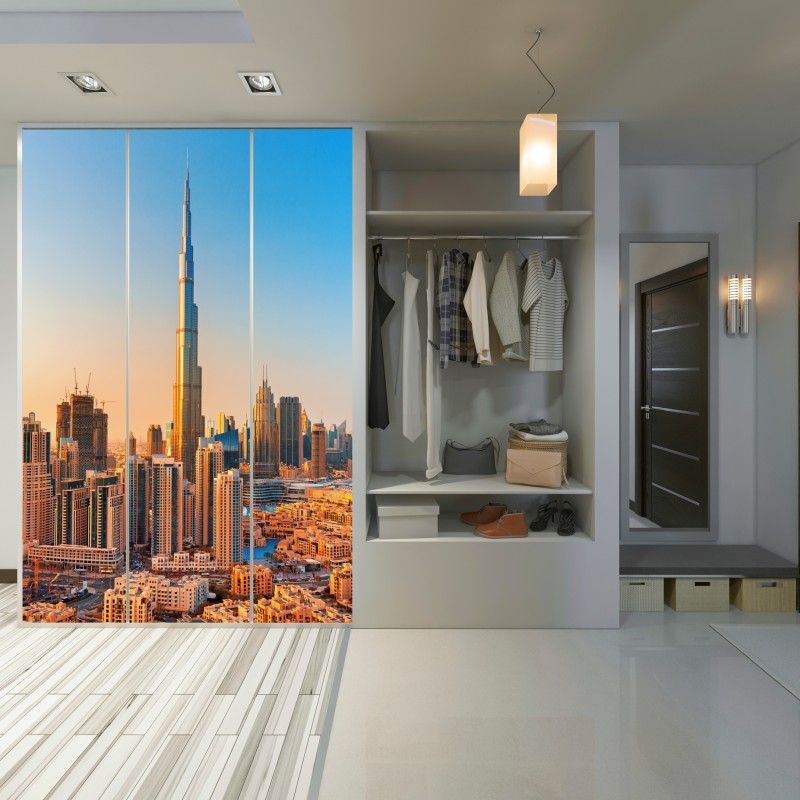 Schrankaufkleber Dubai skyline in der goldenen stunde – Wallnifity® Schrankaufkleber Dubai skyline in der goldenen stunde – Wallnifity®