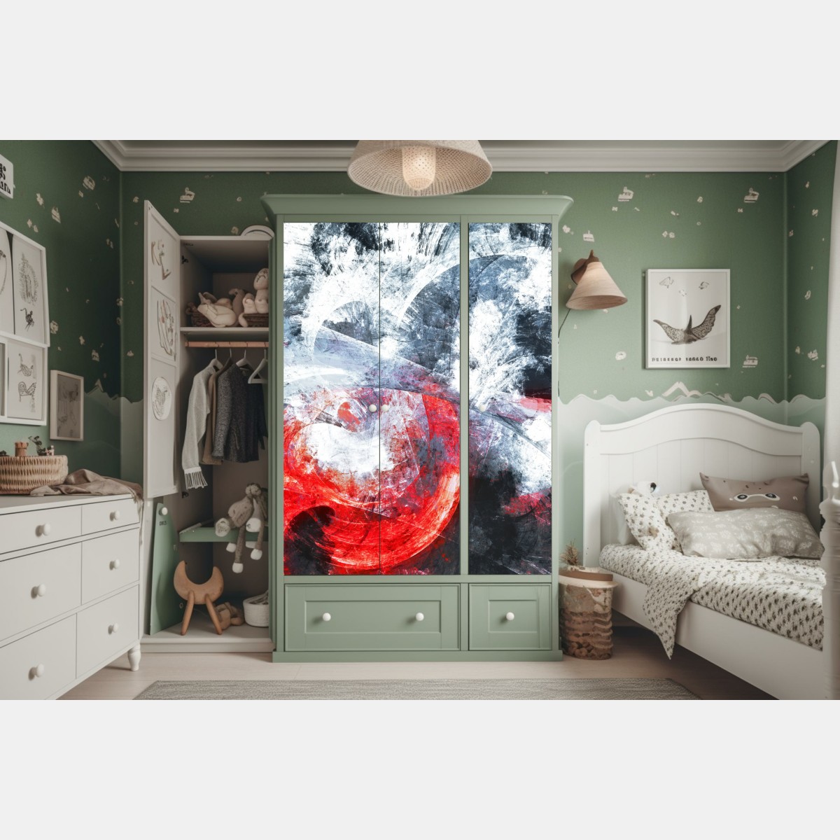 Schrankaufkleber dynamische rote und weiße abstrakte komposition – Wallnifity® Schrankaufkleber dynamische rote und weiße abstrakte komposition – Wallnifity®