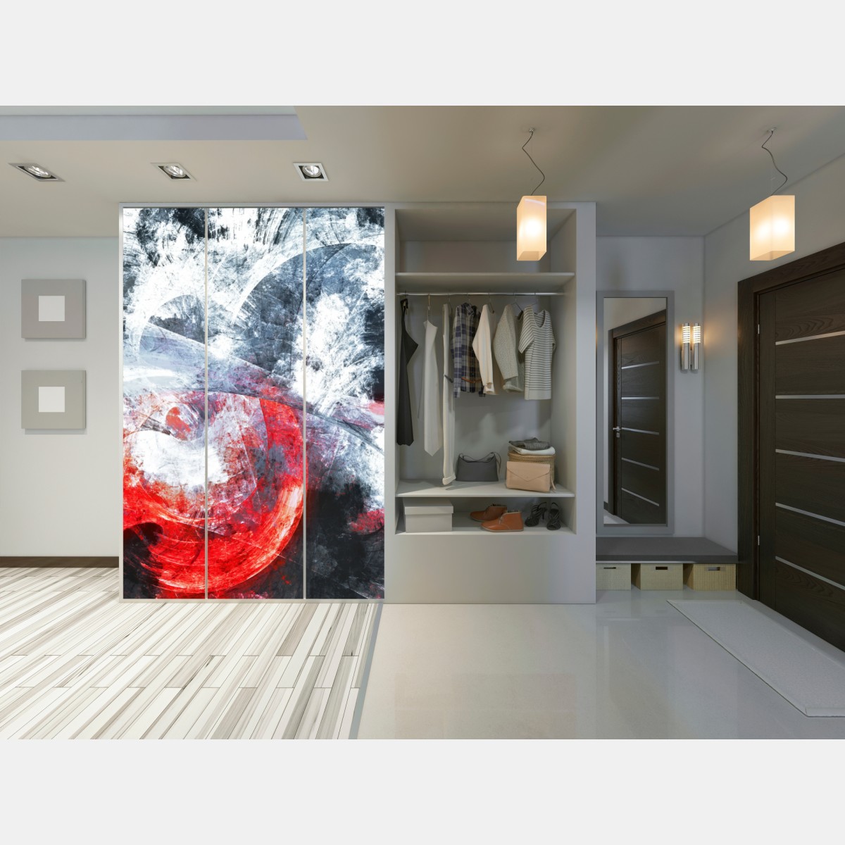 Schrankaufkleber dynamische rote und weiße abstrakte komposition – Wallnifity® Schrankaufkleber dynamische rote und weiße abstrakte komposition – Wallnifity®