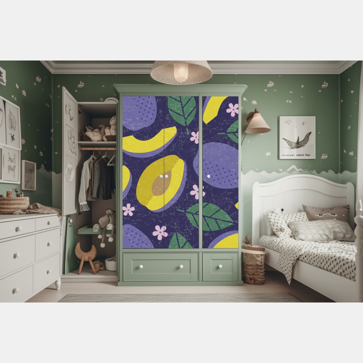 Schrankaufkleber verspieltes pflaumenmuster mit blättern – Wallnifity® Schrankaufkleber verspieltes pflaumenmuster mit blättern – Wallnifity®