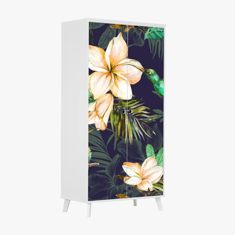 Schrankaufkleber tropische kolibris und plumeria in aquarell – Wallnifity® Schrankaufkleber tropische kolibris und plumeria in aquarell – Wallnifity®