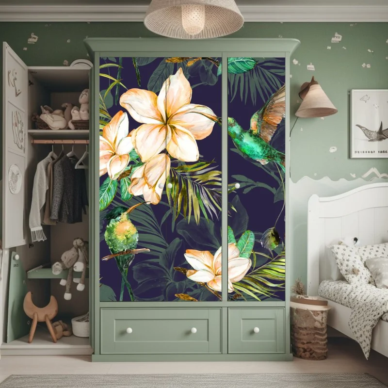 Schrankaufkleber tropische kolibris und plumeria in aquarell – Wallnifity® Schrankaufkleber tropische kolibris und plumeria in aquarell – Wallnifity®