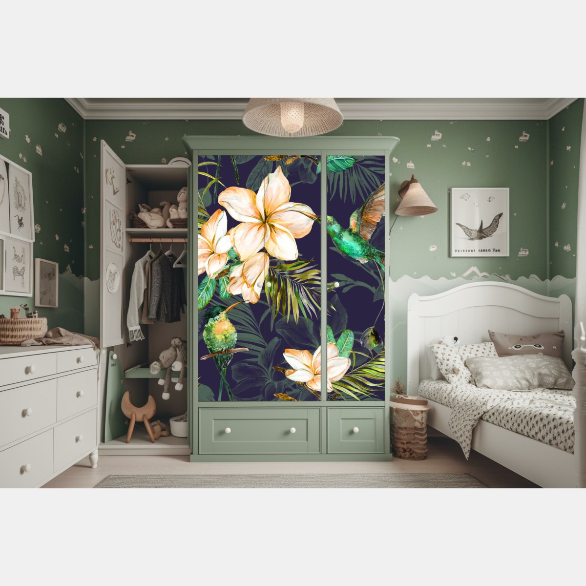 Schrankaufkleber tropische kolibris und plumeria in aquarell – Wallnifity® Schrankaufkleber tropische kolibris und plumeria in aquarell – Wallnifity®