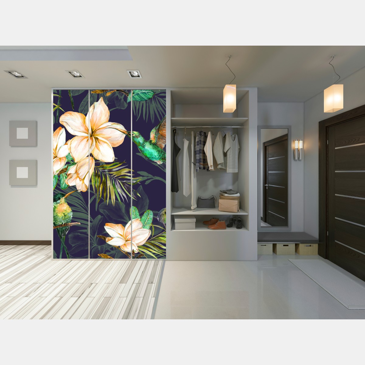 Schrankaufkleber tropische kolibris und plumeria in aquarell – Wallnifity® Schrankaufkleber tropische kolibris und plumeria in aquarell – Wallnifity®