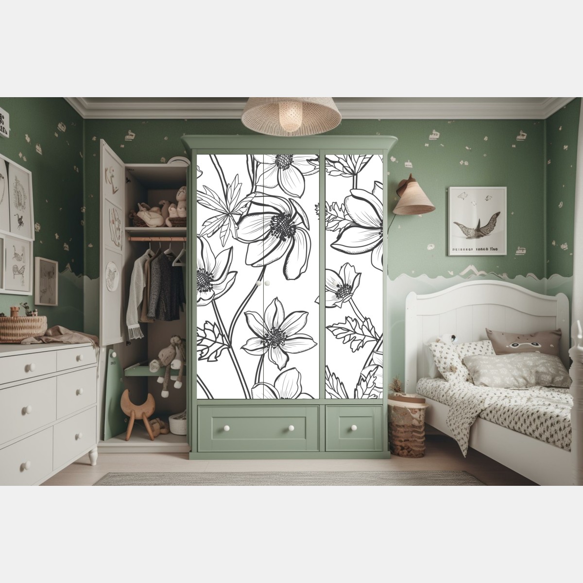 Schrankaufkleber botanische linienzeichnung mit blumen – Wallnifity® Schrankaufkleber botanische linienzeichnung mit blumen – Wallnifity®