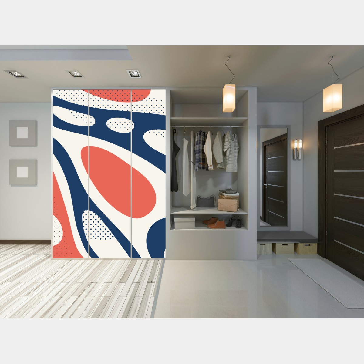 Schrankaufkleber retro korallenrot und marineblau abstraktes muster – Wallnifity® Schrankaufkleber retro korallenrot und marineblau abstraktes muster – Wallnifity®