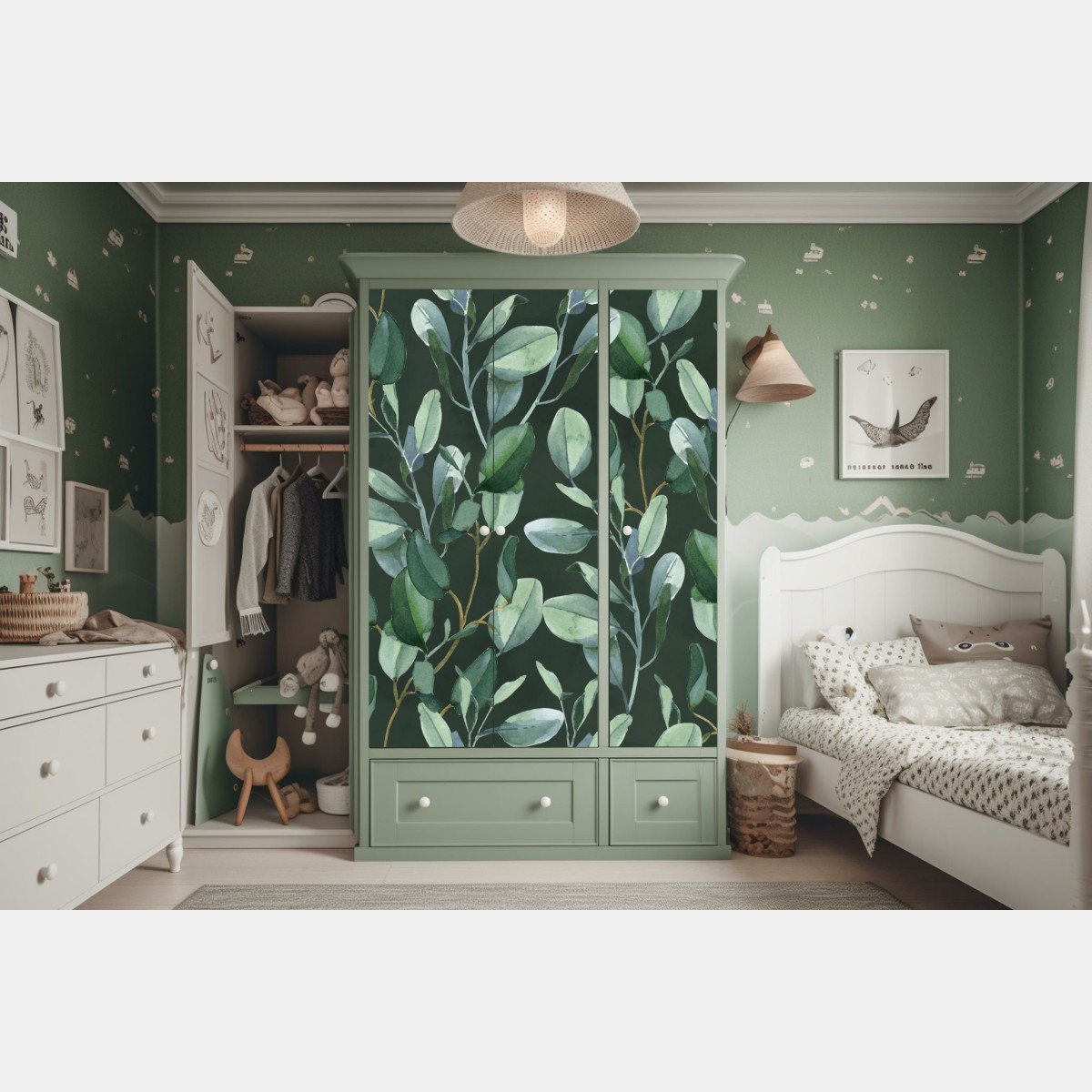 Schrankaufkleber aquarell eukalyptusblätter muster auf dunkelgrünem hintergrund – Wallnifity® Schrankaufkleber aquarell eukalyptusblätter muster auf dunkelgrünem hintergrund – Wallnifity®