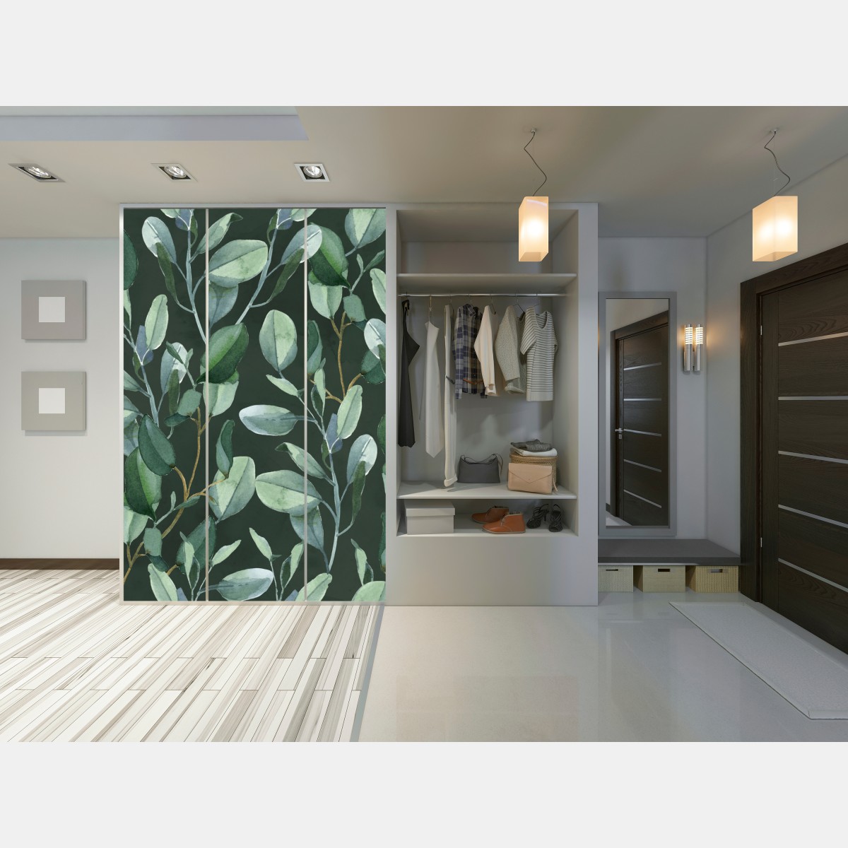 Schrankaufkleber aquarell eukalyptusblätter muster auf dunkelgrünem hintergrund – Wallnifity® Schrankaufkleber aquarell eukalyptusblätter muster auf dunkelgrünem hintergrund – Wallnifity®