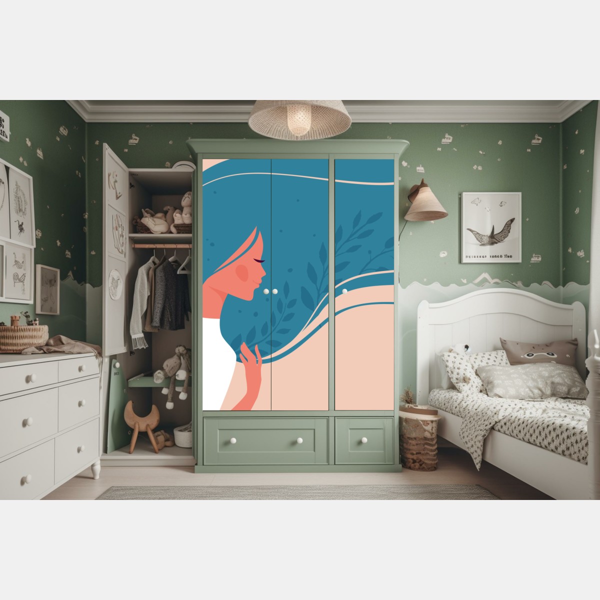 Schrankaufkleber sanftes blumiges profil mit fließendem haar – Wallnifity® Schrankaufkleber sanftes blumiges profil mit fließendem haar – Wallnifity®