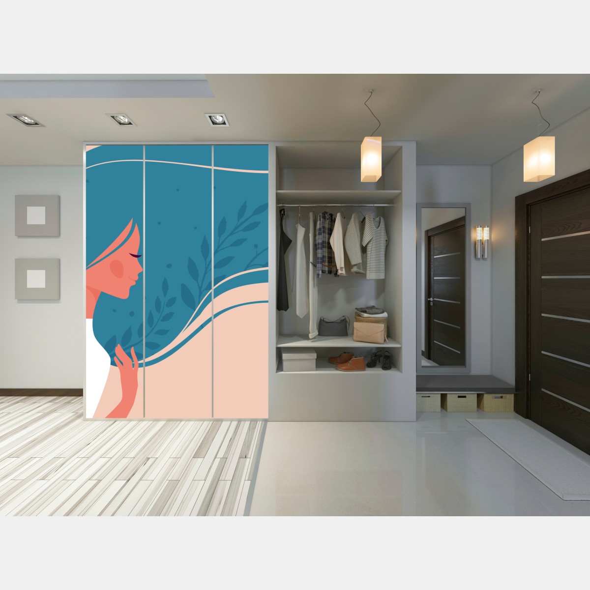 Schrankaufkleber sanftes blumiges profil mit fließendem haar – Wallnifity® Schrankaufkleber sanftes blumiges profil mit fließendem haar – Wallnifity®