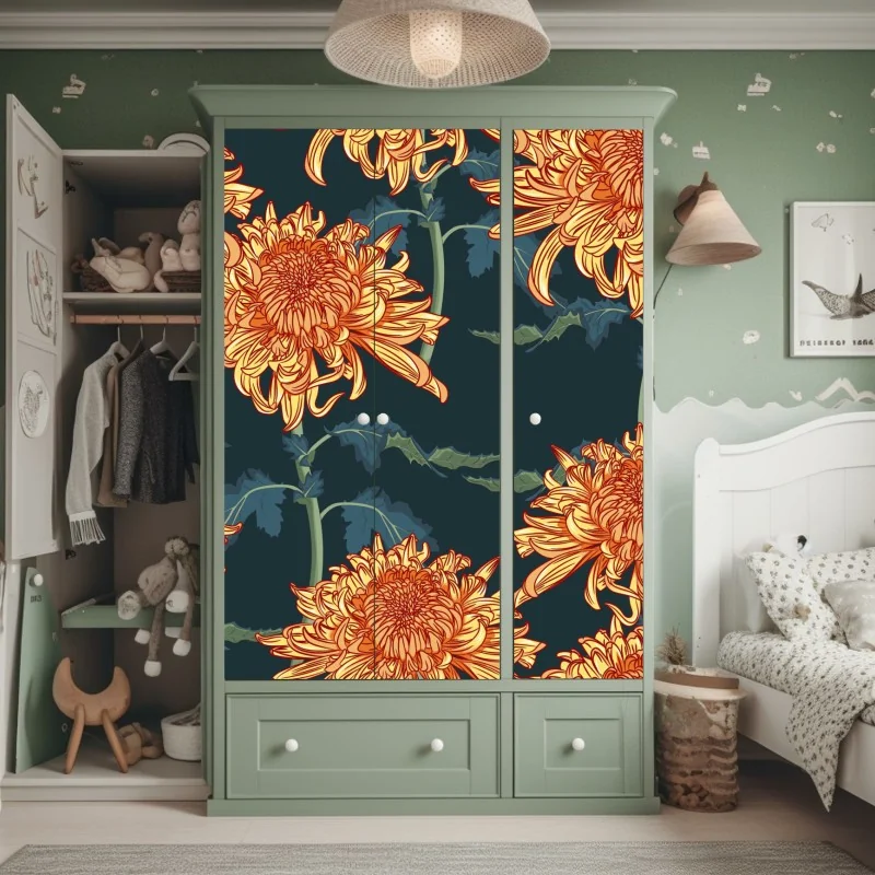 Schrankaufkleber goldene chrysantheme botanisches muster – Wallnifity® Schrankaufkleber goldene chrysantheme botanisches muster – Wallnifity®