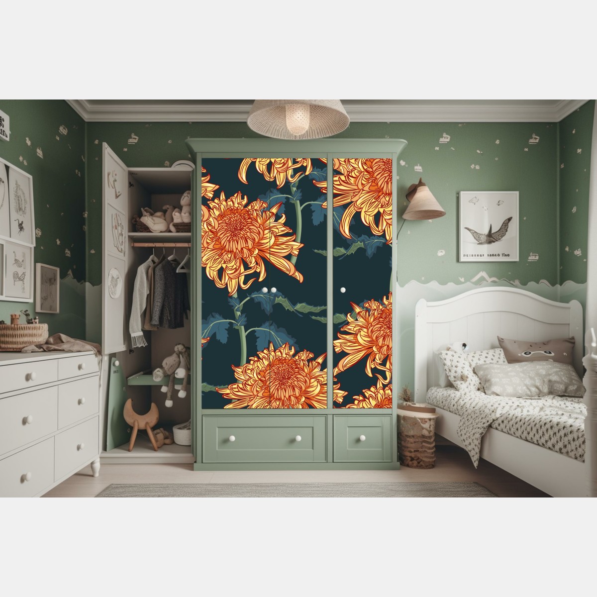 Schrankaufkleber goldene chrysantheme botanisches muster – Wallnifity® Schrankaufkleber goldene chrysantheme botanisches muster – Wallnifity®