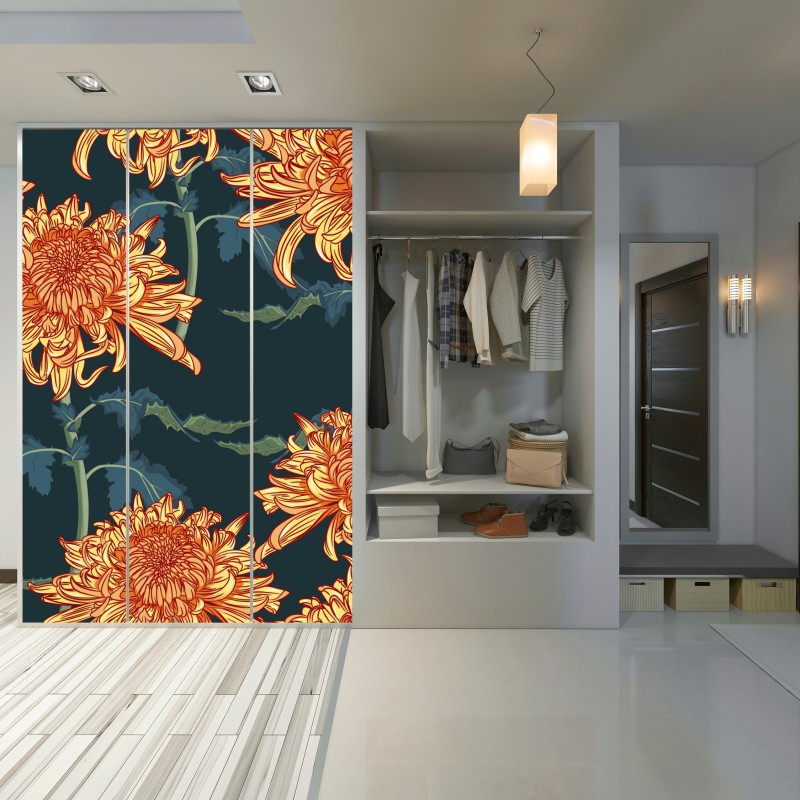 Schrankaufkleber goldene chrysantheme botanisches muster – Wallnifity® Schrankaufkleber goldene chrysantheme botanisches muster – Wallnifity®