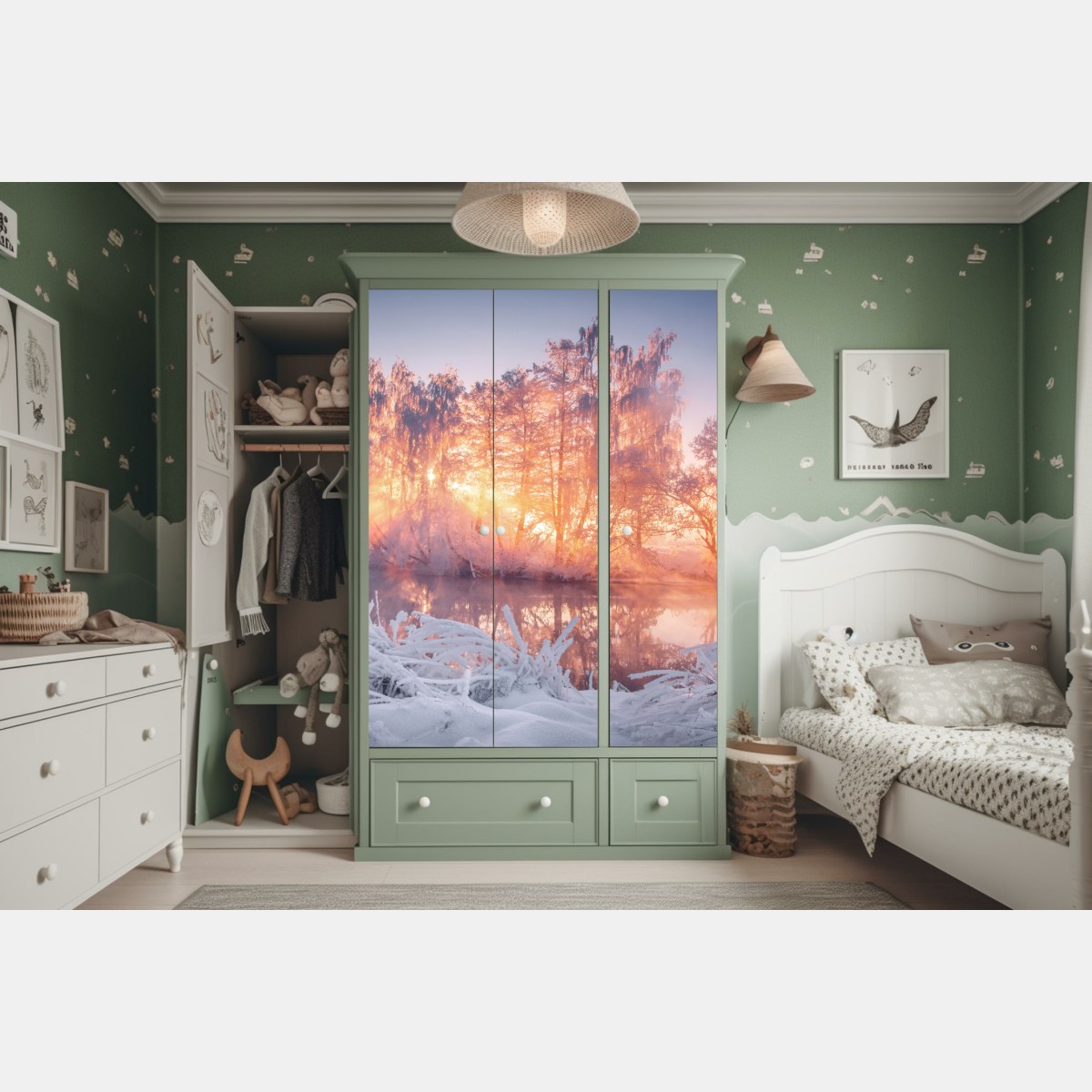 Schrankaufkleber winterlicher sonnenaufgang über zugefrorenem fluss – Wallnifity® Schrankaufkleber winterlicher sonnenaufgang über zugefrorenem fluss – Wallnifity®