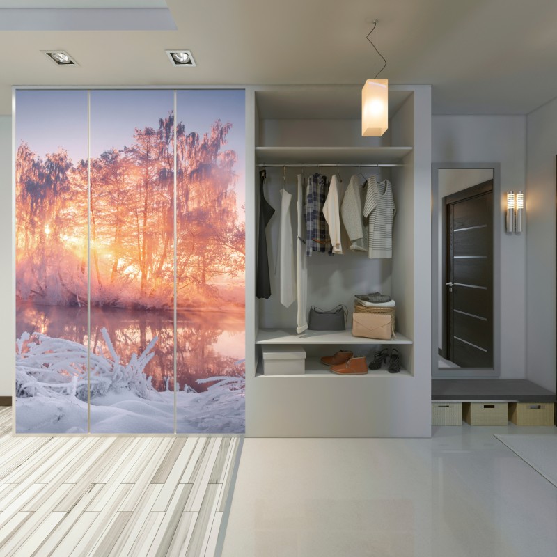 Schrankaufkleber winterlicher sonnenaufgang über zugefrorenem fluss – Wallnifity® Schrankaufkleber winterlicher sonnenaufgang über zugefrorenem fluss – Wallnifity®