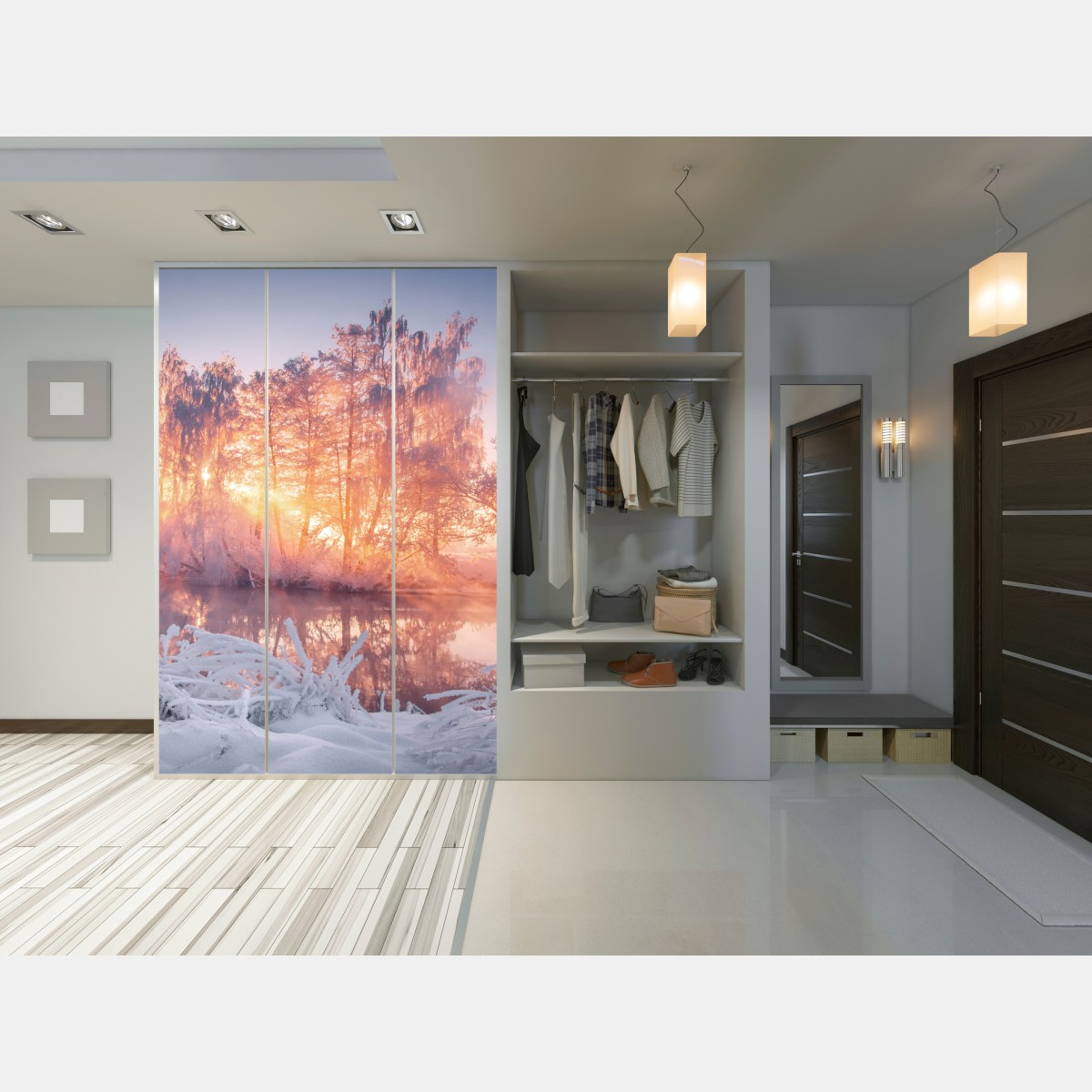 Schrankaufkleber winterlicher sonnenaufgang über zugefrorenem fluss – Wallnifity® Schrankaufkleber winterlicher sonnenaufgang über zugefrorenem fluss – Wallnifity®