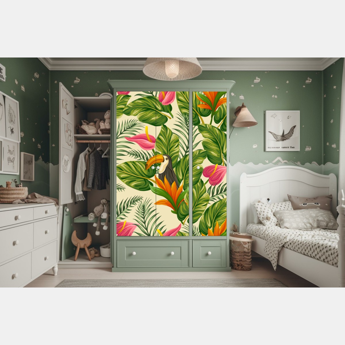 Schrankaufkleber tropisches botanisches muster mit tukan – Wallnifity® Schrankaufkleber tropisches botanisches muster mit tukan – Wallnifity®