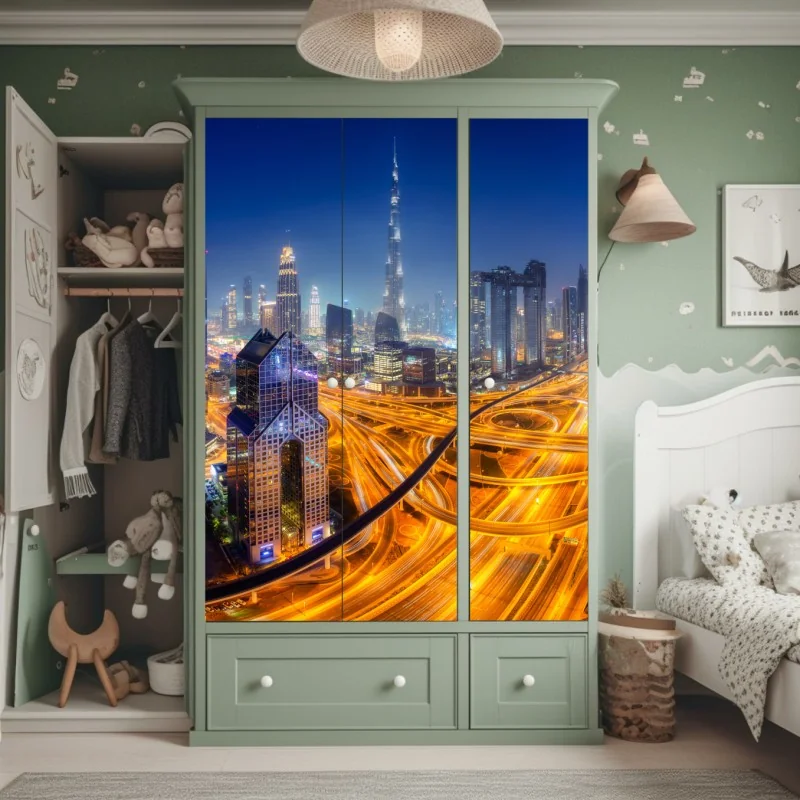 Schrankaufkleber panorama der nächtlichen skyline von Dubai – Wallnifity® Schrankaufkleber panorama der nächtlichen skyline von Dubai – Wallnifity®