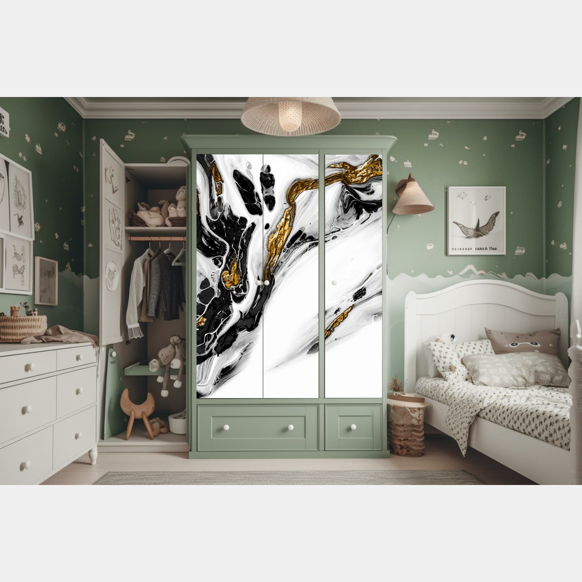 Schrankaufkleber schwarz-weiße abstraktion mit goldenen adern – Wallnifity® Schrankaufkleber schwarz-weiße abstraktion mit goldenen adern – Wallnifity®