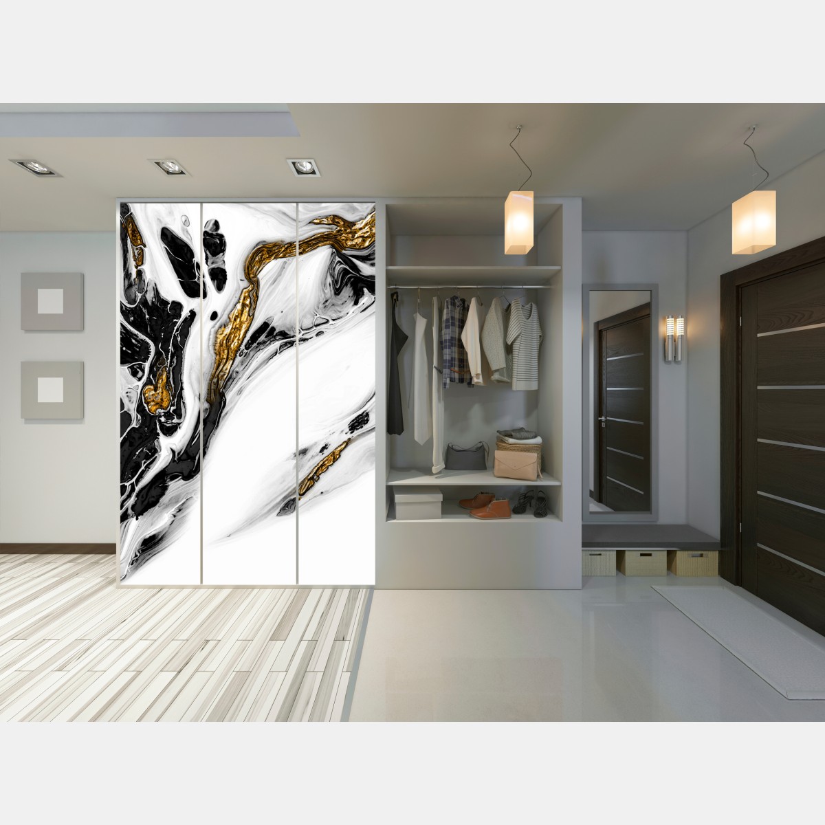 Schrankaufkleber schwarz-weiße abstraktion mit goldenen adern – Wallnifity® Schrankaufkleber schwarz-weiße abstraktion mit goldenen adern – Wallnifity®