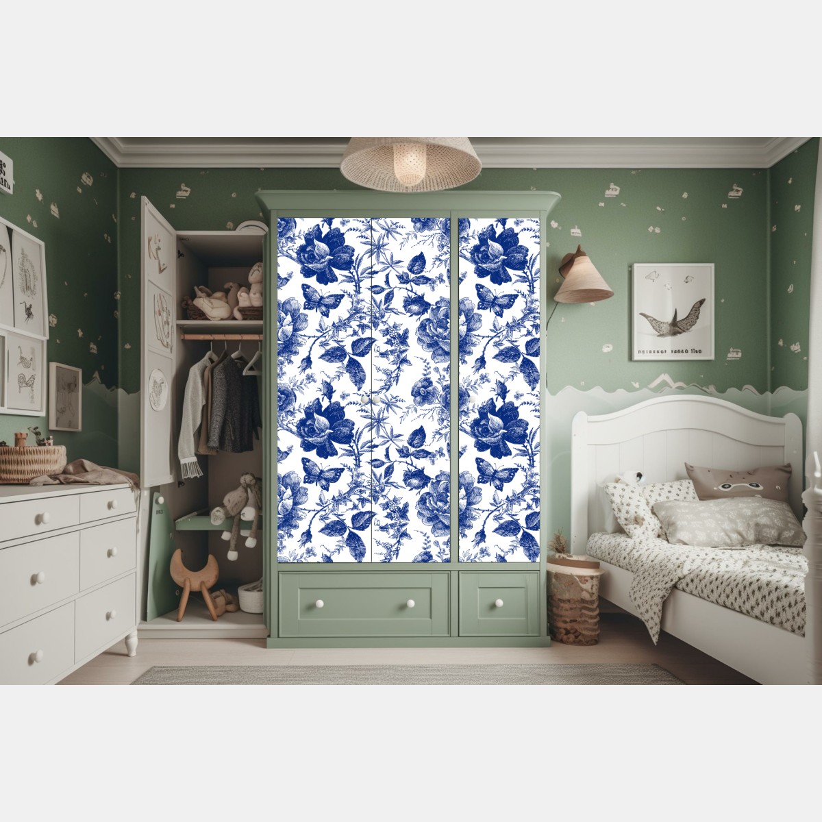 Schrankaufkleber blaues blumen toile-muster – Wallnifity® Schrankaufkleber blaues blumen toile-muster – Wallnifity®