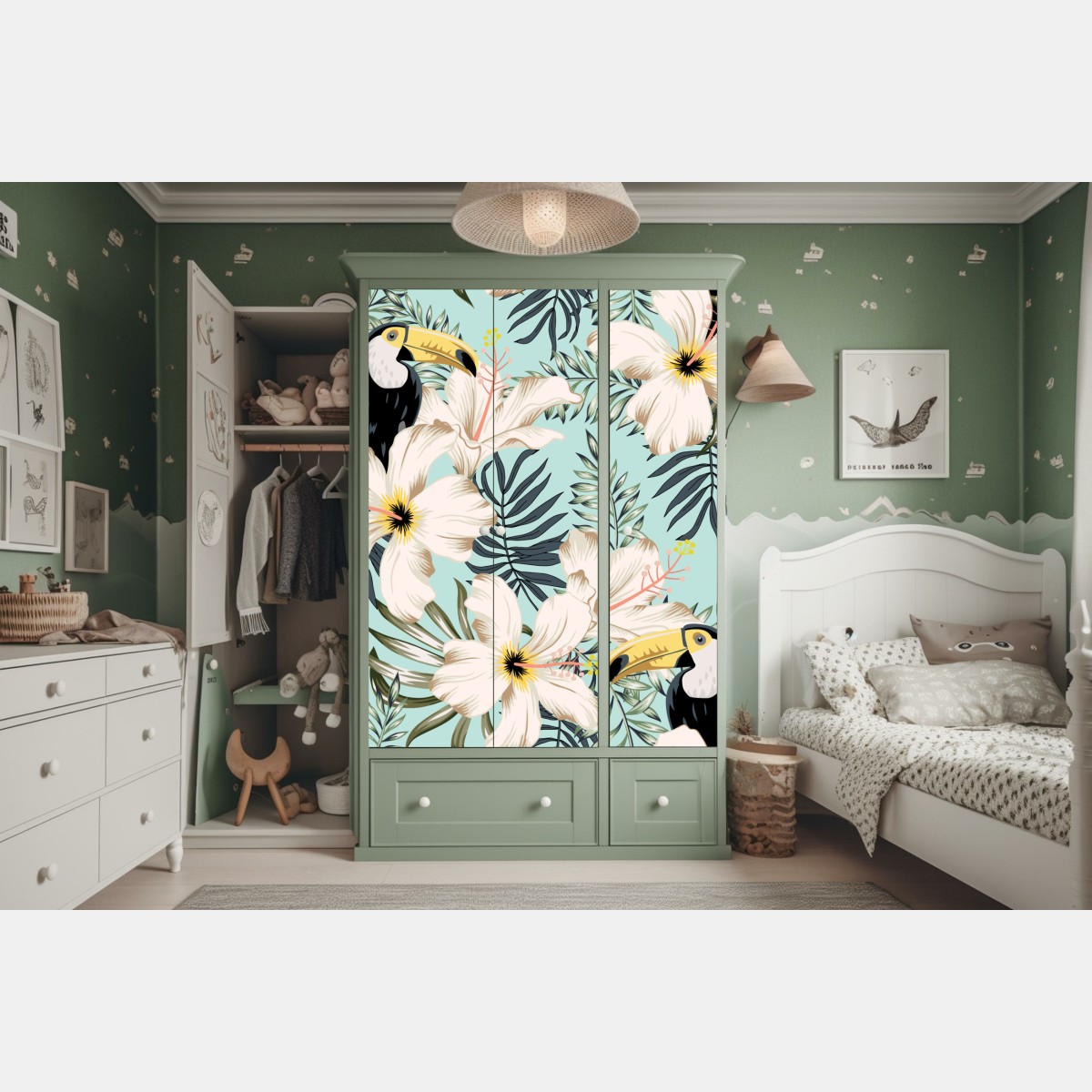 Schrankaufkleber tropisches muster mit tukan und blumen – Wallnifity® Schrankaufkleber tropisches muster mit tukan und blumen – Wallnifity®