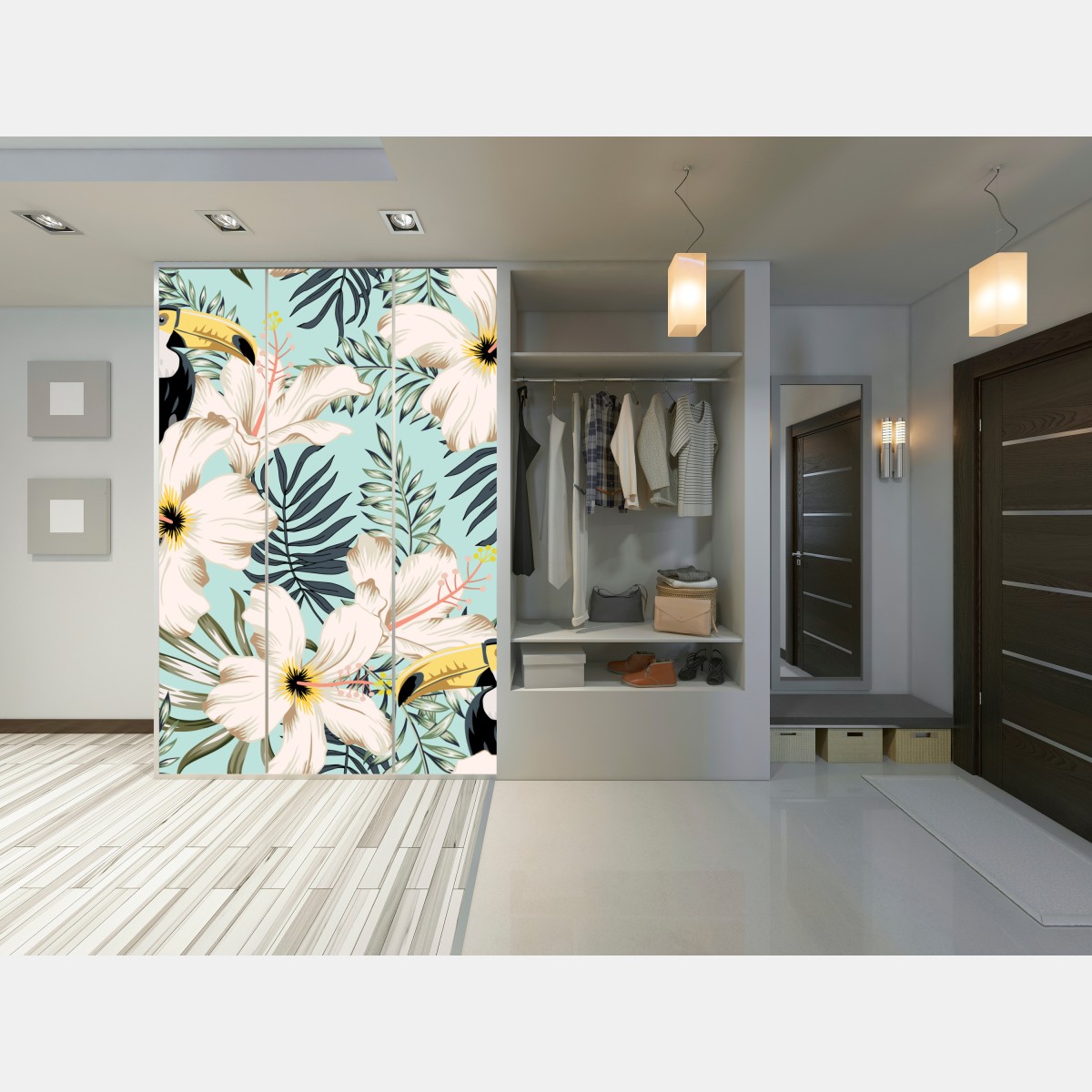 Schrankaufkleber tropisches muster mit tukan und blumen – Wallnifity® Schrankaufkleber tropisches muster mit tukan und blumen – Wallnifity®