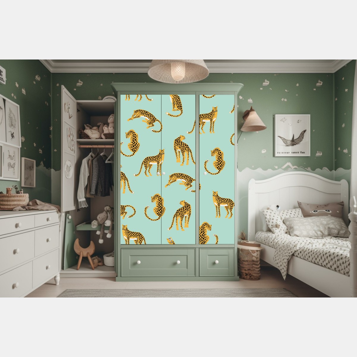 Schrankaufkleber verspieltes gepardenmuster auf türkisgrund – Wallnifity® Schrankaufkleber verspieltes gepardenmuster auf türkisgrund – Wallnifity®