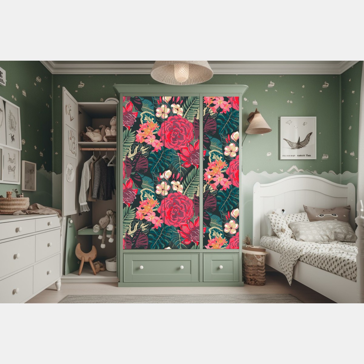 Schrankaufkleber tropisches blumenmuster in rosa und türkis – Wallnifity® Schrankaufkleber tropisches blumenmuster in rosa und türkis – Wallnifity®