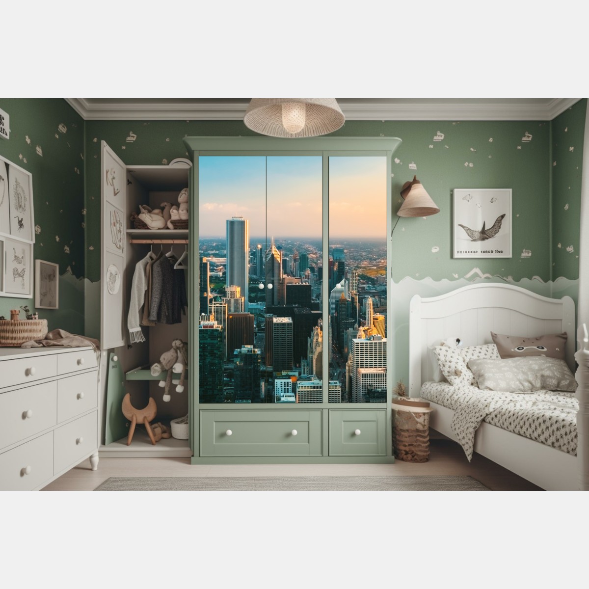 Schrankaufkleber Chicago skyline bei sonnenuntergang – Wallnifity® Schrankaufkleber Chicago skyline bei sonnenuntergang – Wallnifity®