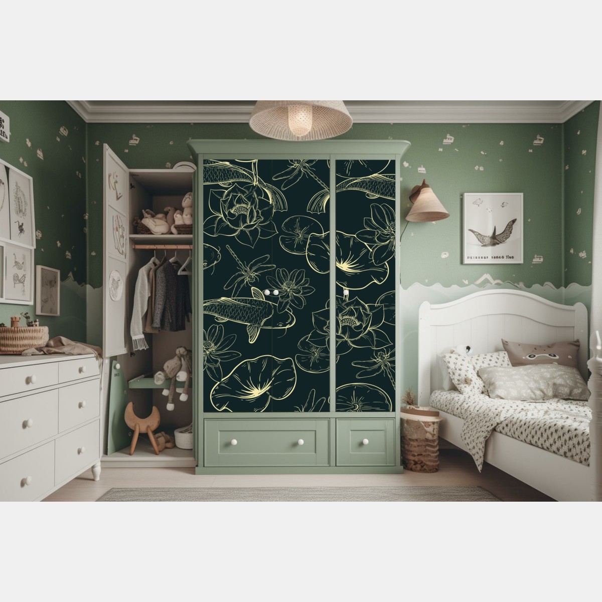 Schrankaufkleber handgezeichnetes koi- und lotusmuster – Wallnifity® Schrankaufkleber handgezeichnetes koi- und lotusmuster – Wallnifity®