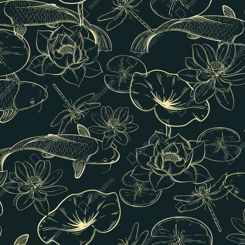 Schrankaufkleber handgezeichnetes koi- und lotusmuster – Wallnifity® Schrankaufkleber handgezeichnetes koi- und lotusmuster – Wallnifity®