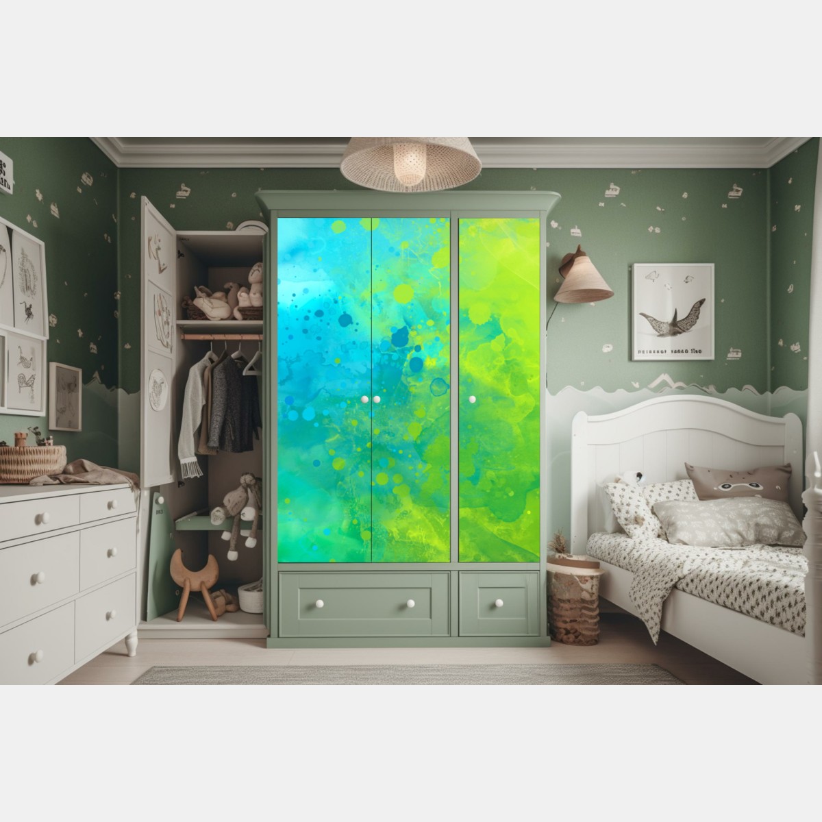 Schrankaufkleber lebhafte türkis und limetten aquarellspritzer – Wallnifity®