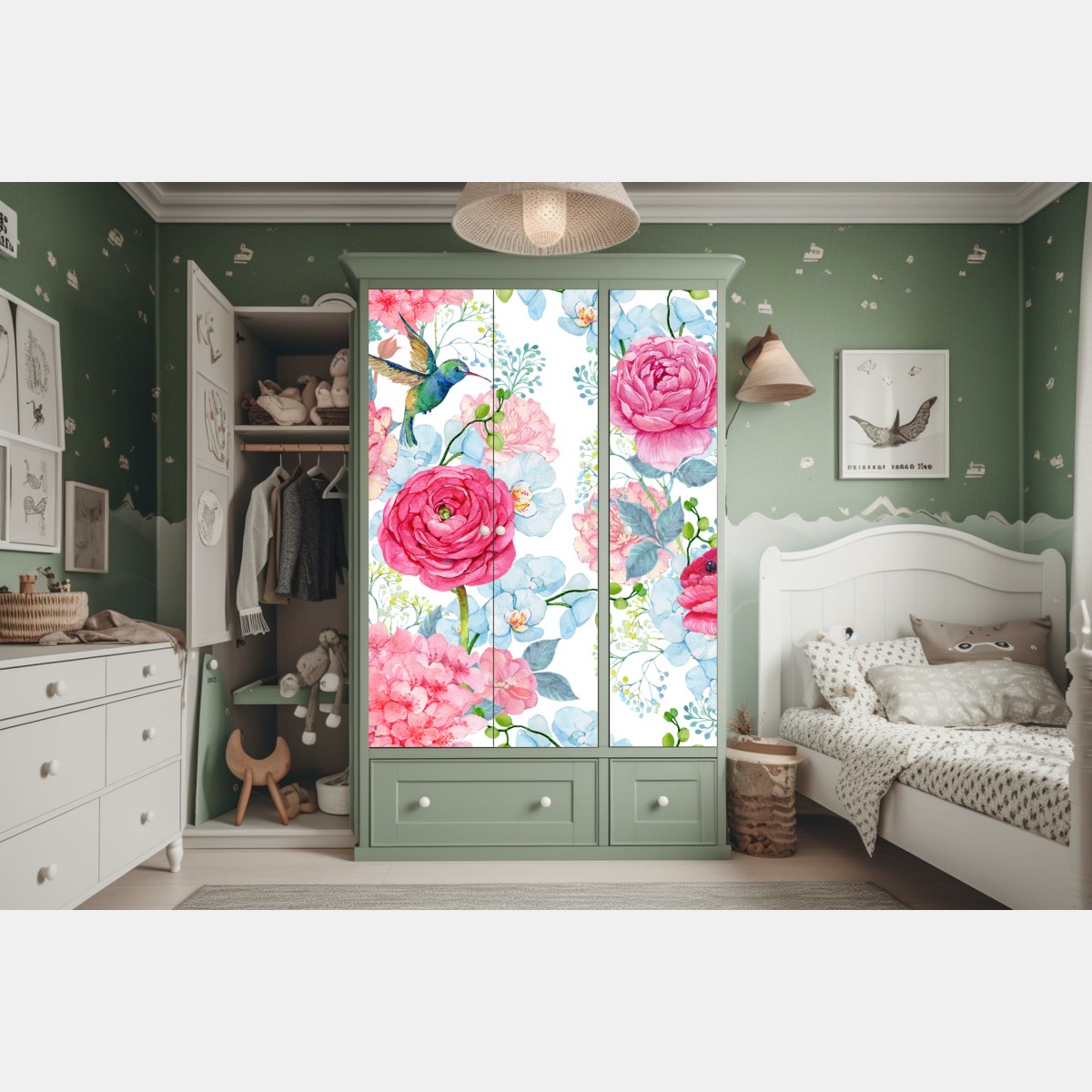 Schrankaufkleber rosa aquarell blumengarten mit kolibri – Wallnifity® Schrankaufkleber rosa aquarell blumengarten mit kolibri – Wallnifity®