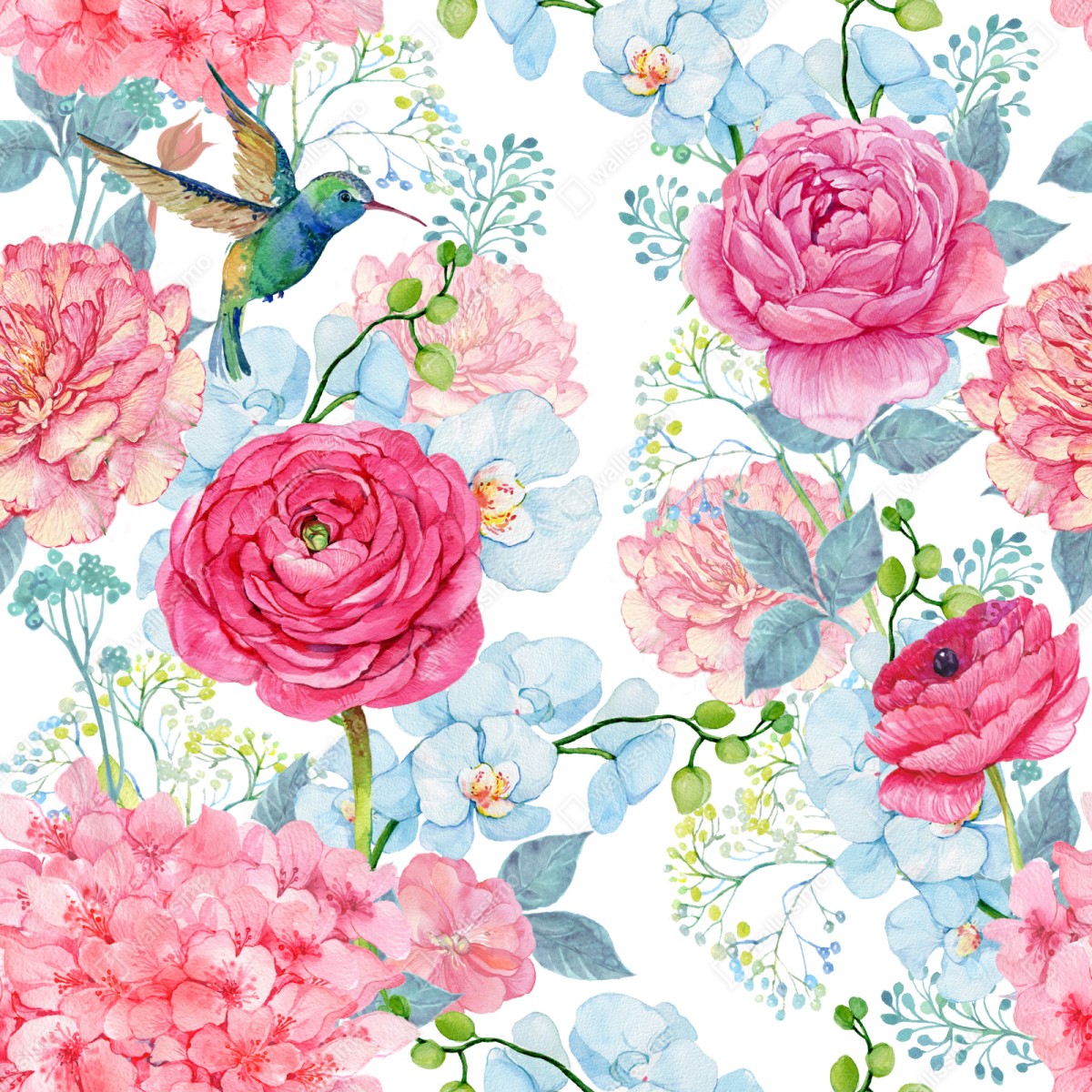 Schrankaufkleber rosa aquarell blumengarten mit kolibri – Wallnifity® Schrankaufkleber rosa aquarell blumengarten mit kolibri – Wallnifity®