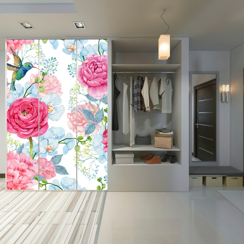 Schrankaufkleber rosa aquarell blumengarten mit kolibri – Wallnifity® Schrankaufkleber rosa aquarell blumengarten mit kolibri – Wallnifity®