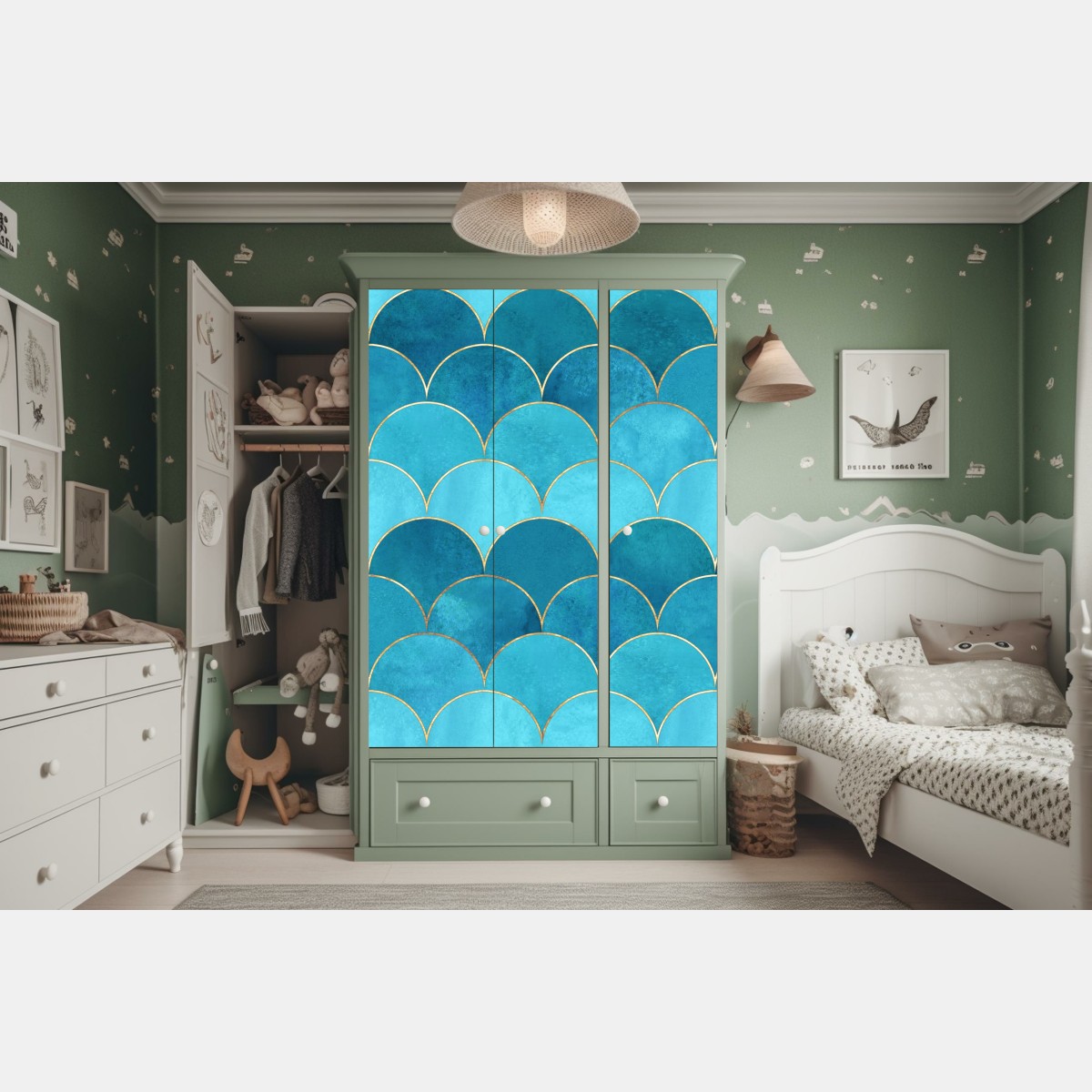 Schrankaufkleber türkis schuppenmuster mit goldakzenten – Wallnifity® Schrankaufkleber türkis schuppenmuster mit goldakzenten – Wallnifity®