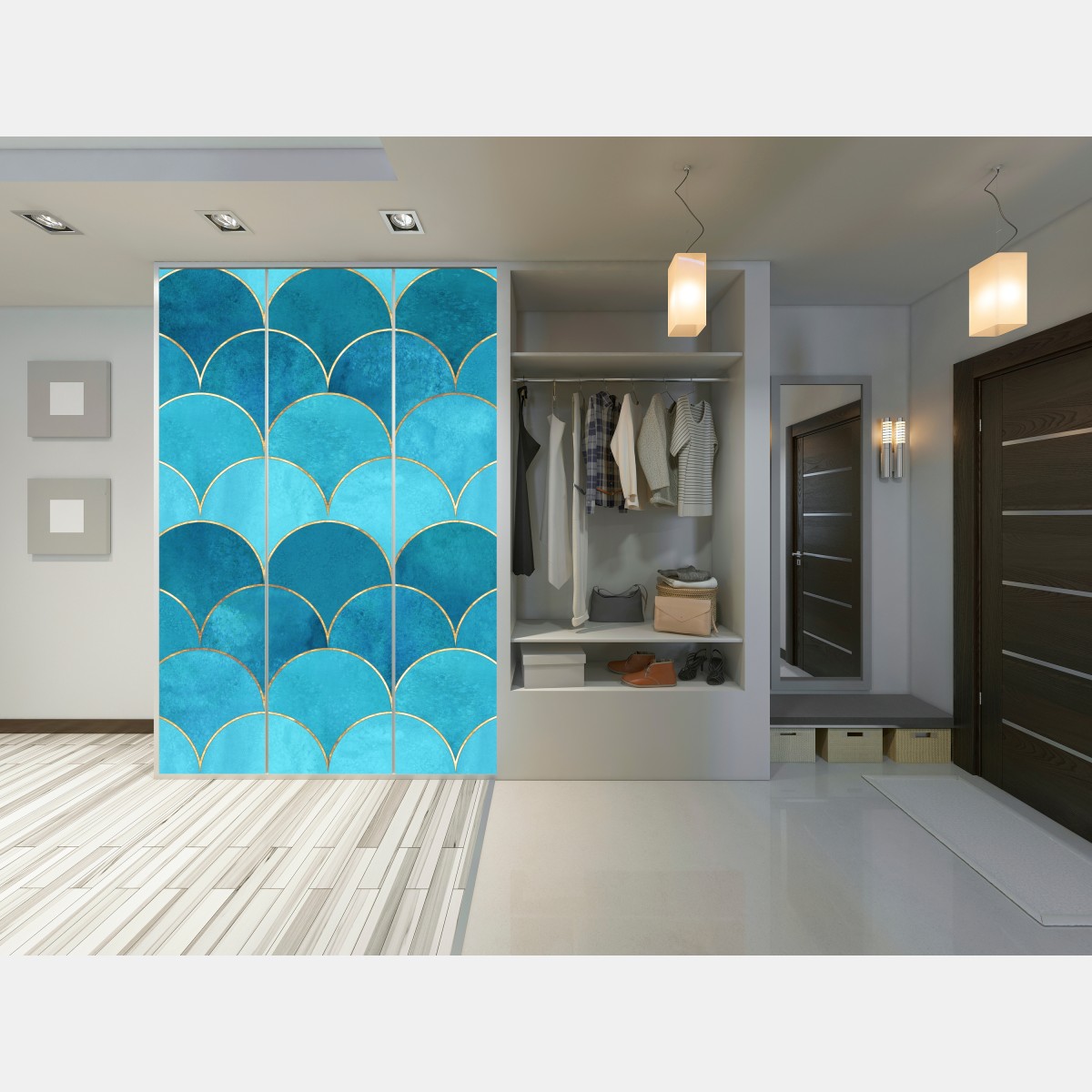 Schrankaufkleber türkis schuppenmuster mit goldakzenten – Wallnifity® Schrankaufkleber türkis schuppenmuster mit goldakzenten – Wallnifity®