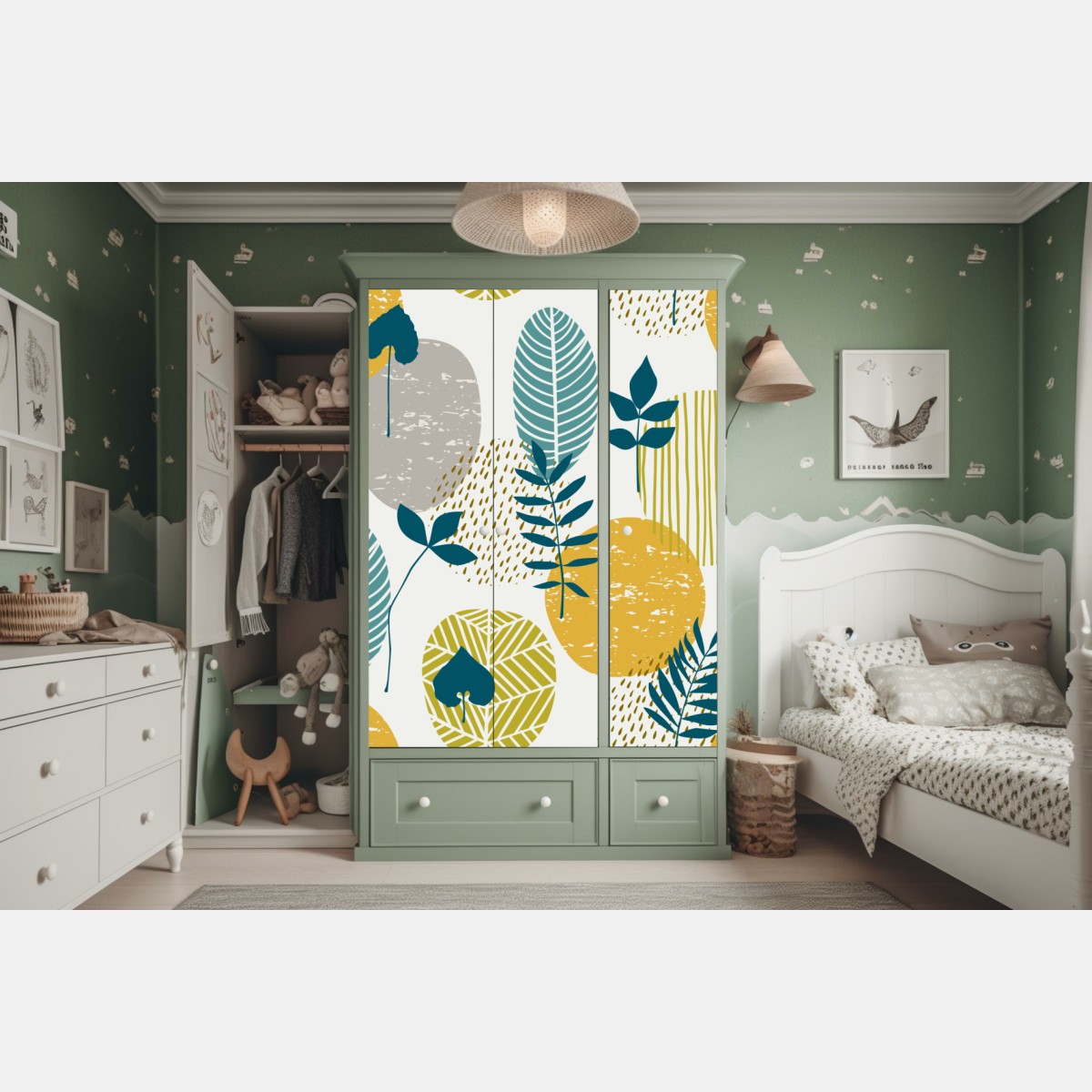 Schrankaufkleber türkis-senfgelbes botanisches muster – Wallnifity® Schrankaufkleber türkis-senfgelbes botanisches muster – Wallnifity®