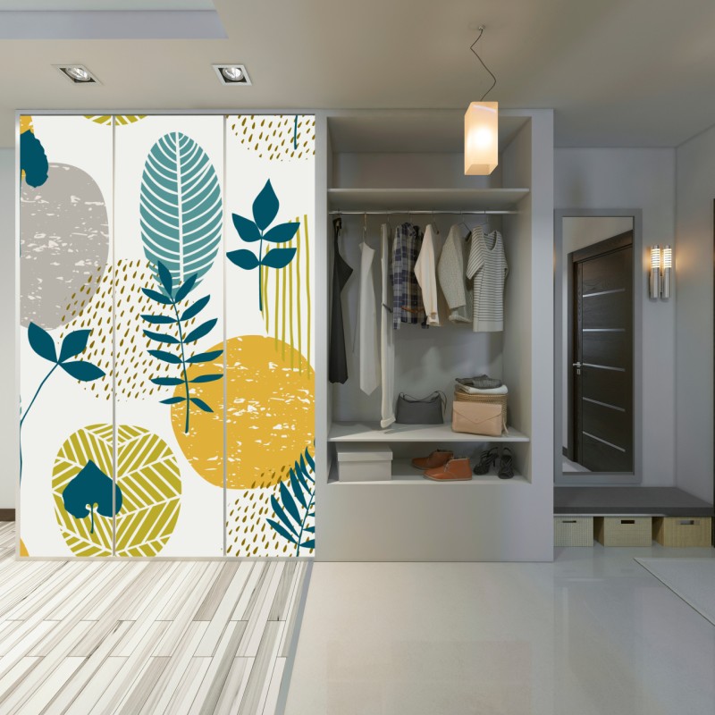 Schrankaufkleber türkis-senfgelbes botanisches muster – Wallnifity® Schrankaufkleber türkis-senfgelbes botanisches muster – Wallnifity®