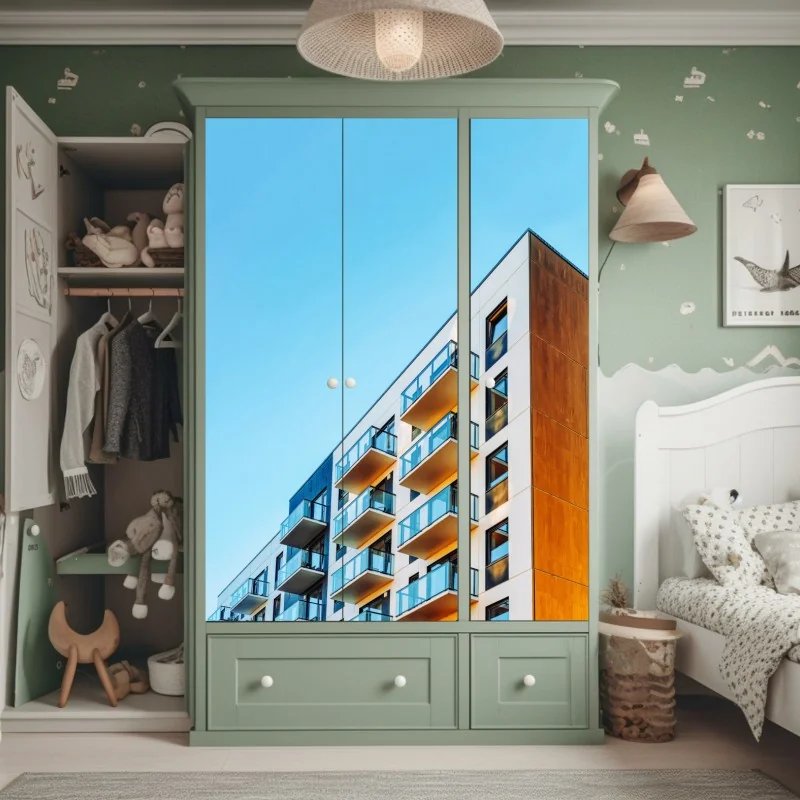 Schrankaufkleber modernes wohngebäude mit balkonen – Wallnifity® Schrankaufkleber modernes wohngebäude mit balkonen – Wallnifity®