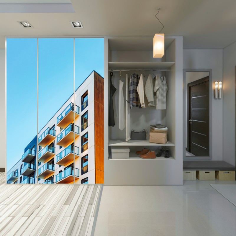 Schrankaufkleber modernes wohngebäude mit balkonen – Wallnifity® Schrankaufkleber modernes wohngebäude mit balkonen – Wallnifity®